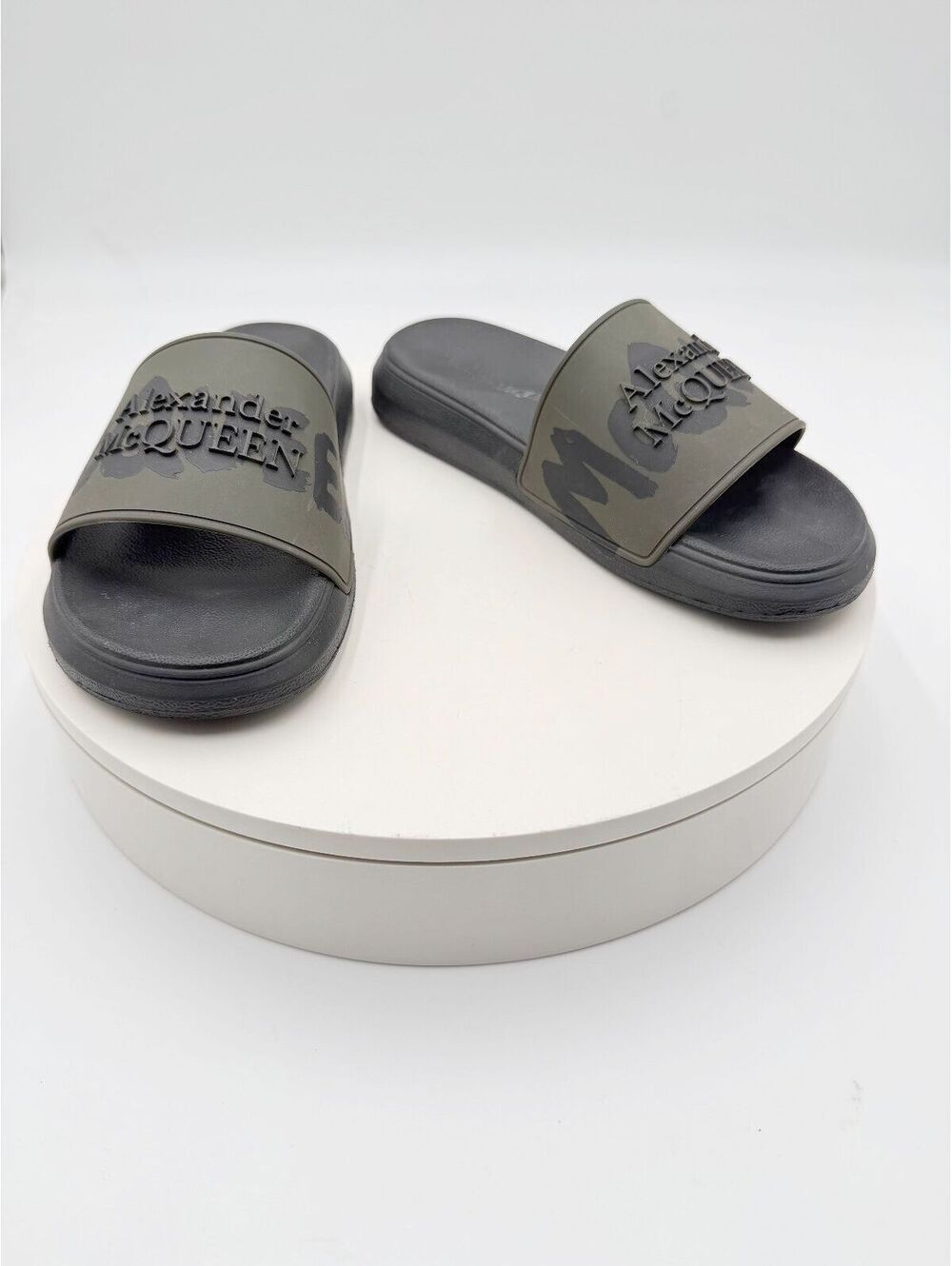 Alexander McQueen Graffiti Logo Rubber Pool Slides Olive Green Black Size 36